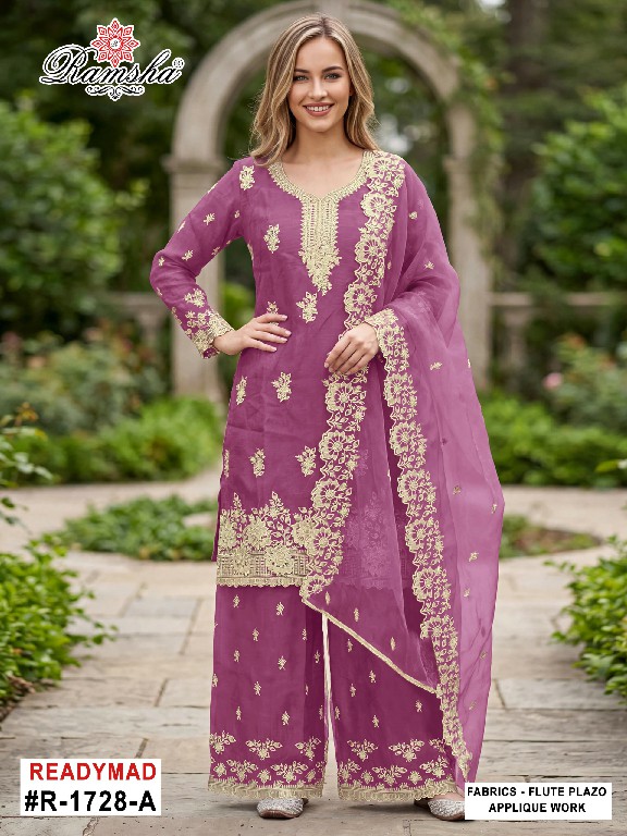 RAMSHA D.NO 1728 WHOLESALE READYMADE FLUTE JARI EPLIC WORK AMAZING 3 PCS SUITS FOR EXPORT
