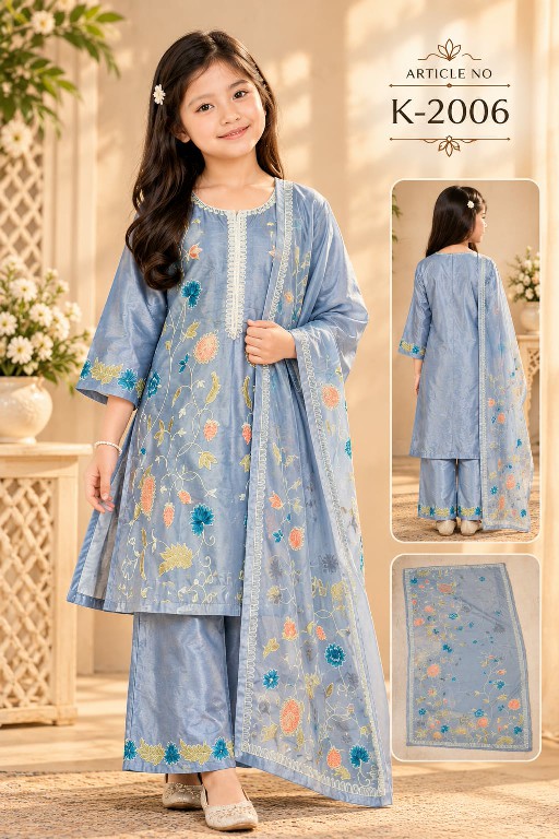 WONDER WOMAN D.NO K-2006 WHOLESALE READYMADE SOFT SATIN ETHNIC LOOK 3 PCS COMBO SET SUITS FOR KIDS ONLINE