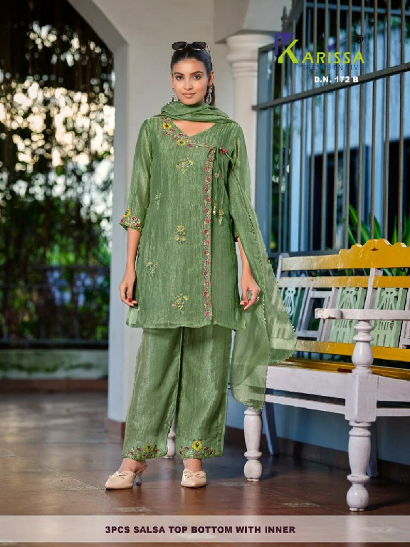 KARISSA D.NO 170 TO 172 WHOLESALE READYMADE SALSA WITH WORK TRENDING 3 PCS COMBO SET SUITS FOR EXPORT