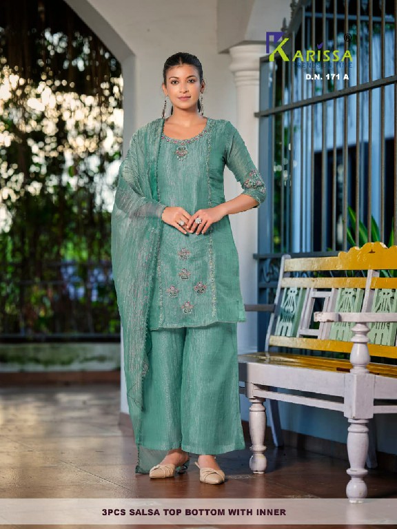 KARISSA D.NO 170 TO 172 WHOLESALE READYMADE SALSA WITH WORK TRENDING 3 PCS COMBO SET SUITS FOR EXPORT