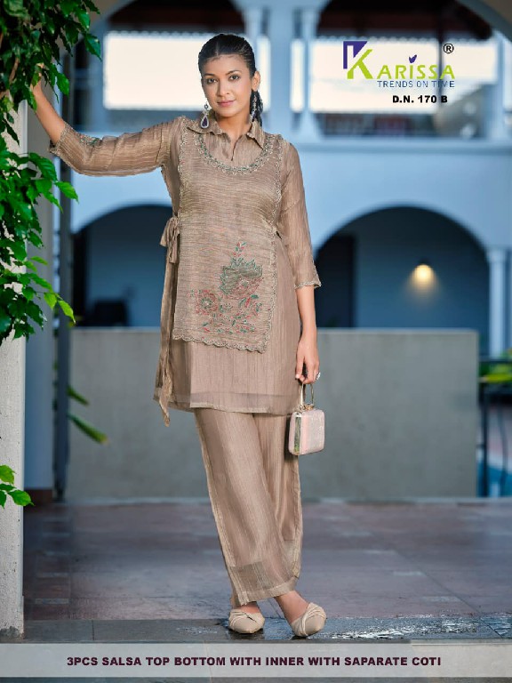 KARISSA D.NO 170 TO 172 WHOLESALE READYMADE SALSA WITH WORK TRENDING 3 PCS COMBO SET SUITS FOR EXPORT