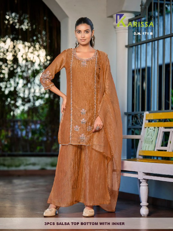 KARISSA D.NO 170 TO 172 WHOLESALE READYMADE SALSA WITH WORK TRENDING 3 PCS COMBO SET SUITS FOR EXPORT