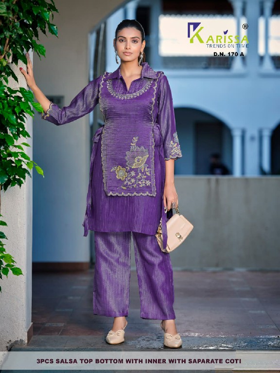 KARISSA D.NO 170 TO 172 WHOLESALE READYMADE SALSA WITH WORK TRENDING 3 PCS COMBO SET SUITS FOR EXPORT