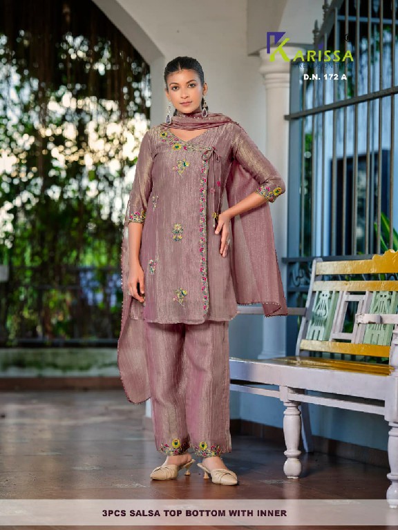 KARISSA D.NO 170 TO 172 WHOLESALE READYMADE SALSA WITH WORK TRENDING 3 PCS COMBO SET SUITS FOR EXPORT