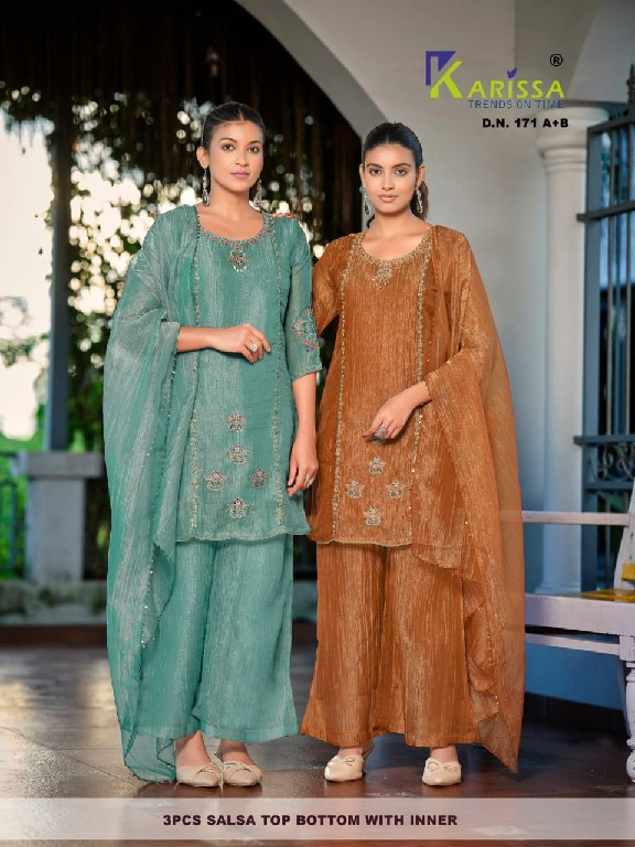 KARISSA D.NO 170 TO 172 WHOLESALE READYMADE SALSA WITH WORK TRENDING 3 PCS COMBO SET SUITS FOR EXPORT
