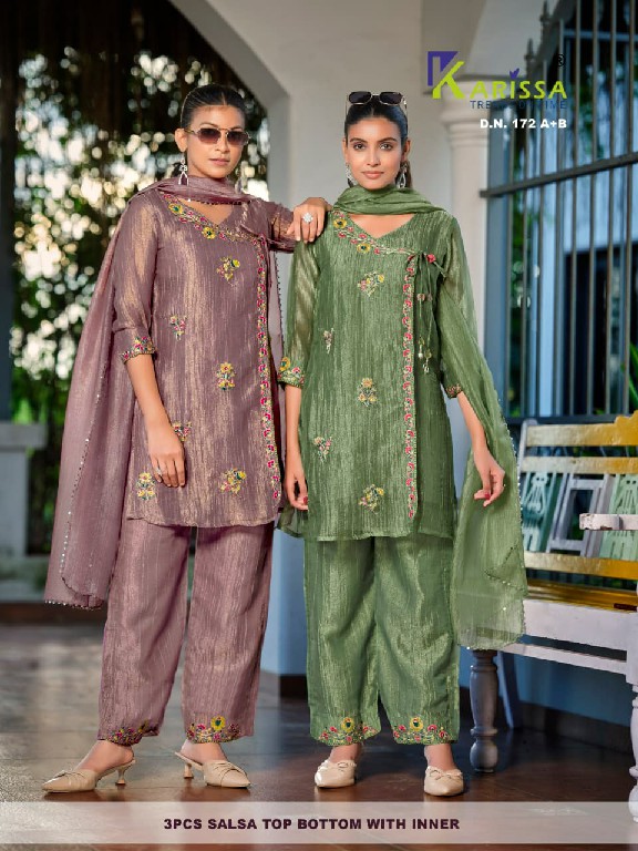 KARISSA D.NO 170 TO 172 WHOLESALE READYMADE SALSA WITH WORK TRENDING 3 PCS COMBO SET SUITS FOR EXPORT