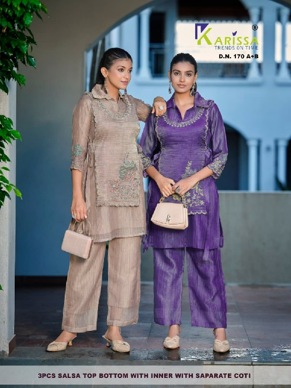 KARISSA D.NO 170 TO 172 WHOLESALE READYMADE SALSA WITH WORK TRENDING 3 PCS COMBO SET SUITS FOR EXPORT