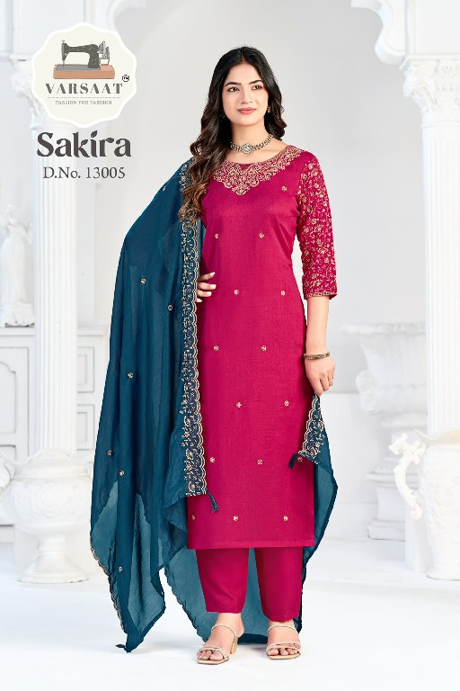 VARSAAT SAKIRA D.NO 13001 TO 13006 WHOLESALE READYMADE VICHITRA BLOOMING ELEGANCE 3 PCS COMBO SET SUITS EXPORTER