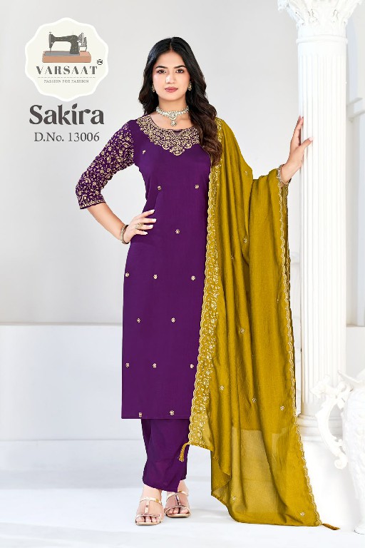 VARSAAT SAKIRA D.NO 13001 TO 13006 WHOLESALE READYMADE VICHITRA BLOOMING ELEGANCE 3 PCS COMBO SET SUITS EXPORTER