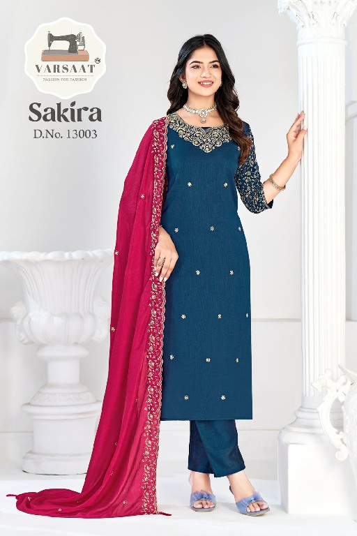 VARSAAT SAKIRA D.NO 13001 TO 13006 WHOLESALE READYMADE VICHITRA BLOOMING ELEGANCE 3 PCS COMBO SET SUITS EXPORTER