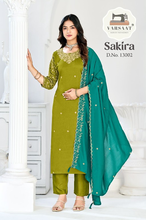 VARSAAT SAKIRA D.NO 13001 TO 13006 WHOLESALE READYMADE VICHITRA BLOOMING ELEGANCE 3 PCS COMBO SET SUITS EXPORTER