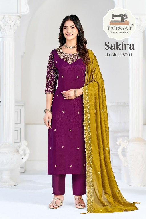 VARSAAT SAKIRA D.NO 13001 TO 13006 WHOLESALE READYMADE VICHITRA BLOOMING ELEGANCE 3 PCS COMBO SET SUITS EXPORTER