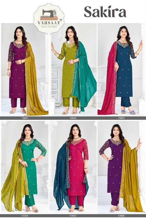 VARSAAT SAKIRA D.NO 13001 TO 13006 WHOLESALE READYMADE VICHITRA BLOOMING ELEGANCE 3 PCS COMBO SET SUITS EXPORTER
