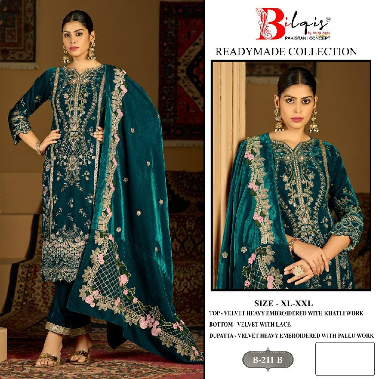 BILQIS D.NO 211A TO 211D WHOLESALE READYMADE VELVET WINTER WEAR 3 PCS SUITS EXPORTER