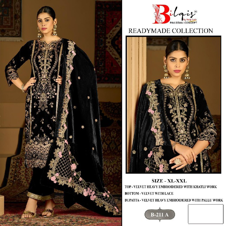 BILQIS D.NO 211A TO 211D WHOLESALE READYMADE VELVET WINTER WEAR 3 PCS SUITS EXPORTER