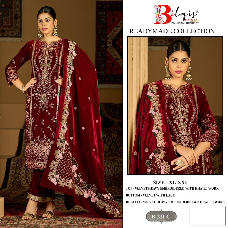 BILQIS D.NO 211A TO 211D WHOLESALE READYMADE VELVET WINTER WEAR 3 PCS SUITS EXPORTER