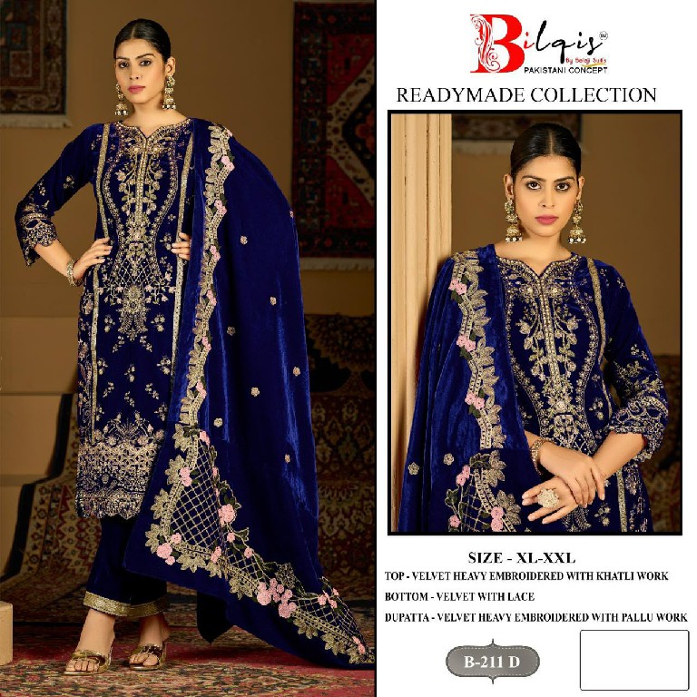 BILQIS D.NO 211A TO 211D WHOLESALE READYMADE VELVET WINTER WEAR 3 PCS SUITS EXPORTER