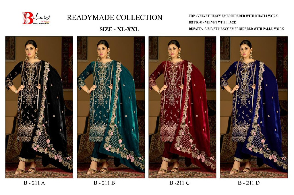 BILQIS D.NO 211A TO 211D WHOLESALE READYMADE VELVET WINTER WEAR 3 PCS SUITS EXPORTER