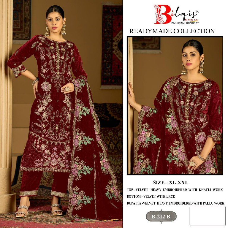 BILQIS D.NO 212A TO 212D WHOLESALE READYMADE VELVET WINTER SPECIAL PAKISTANI 3 PCS SUITS SUPPLIER