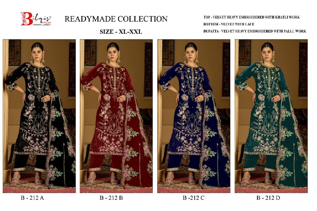 BILQIS D.NO 212A TO 212D WHOLESALE READYMADE VELVET WINTER SPECIAL PAKISTANI 3 PCS SUITS SUPPLIER