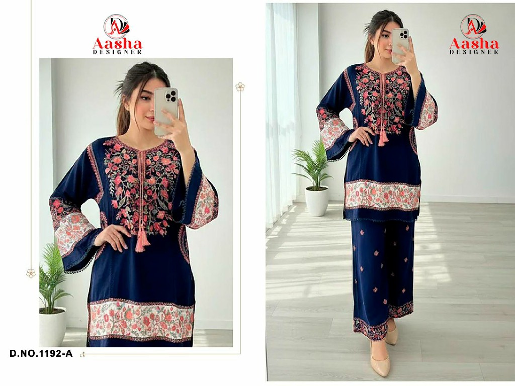 AASHA DESIGNER D.NO 1192A TO 1192C WHOLESALE RAYON WITH WORK FANCY DESIGN UNSTITCH SALWAR SUITS FOR EXPORT