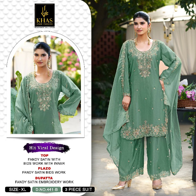 KHAS D.NO 441 WHOLESALE READYMADE FANDY SATIN BEATS WORK 3 PCS SUITS ONLINE