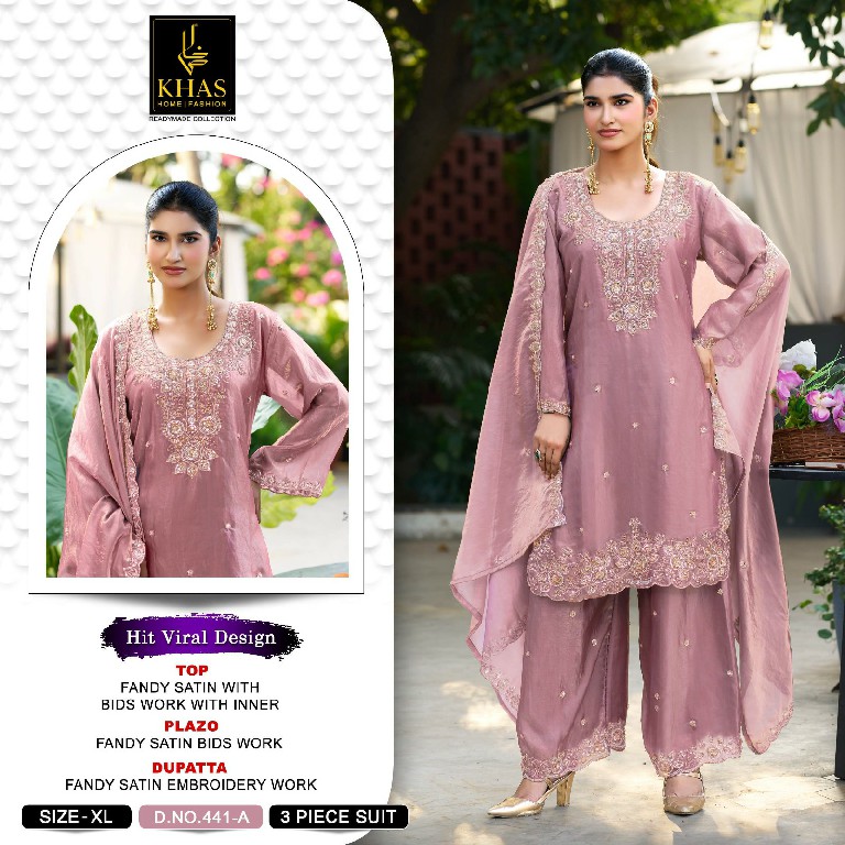 KHAS D.NO 441 WHOLESALE READYMADE FANDY SATIN BEATS WORK 3 PCS SUITS ONLINE