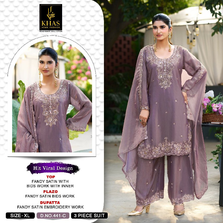 KHAS D.NO 441 WHOLESALE READYMADE FANDY SATIN BEATS WORK 3 PCS SUITS ONLINE