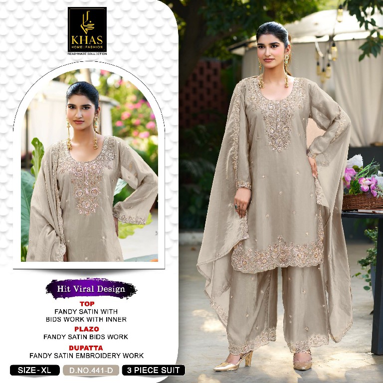KHAS D.NO 441 WHOLESALE READYMADE FANDY SATIN BEATS WORK 3 PCS SUITS ONLINE