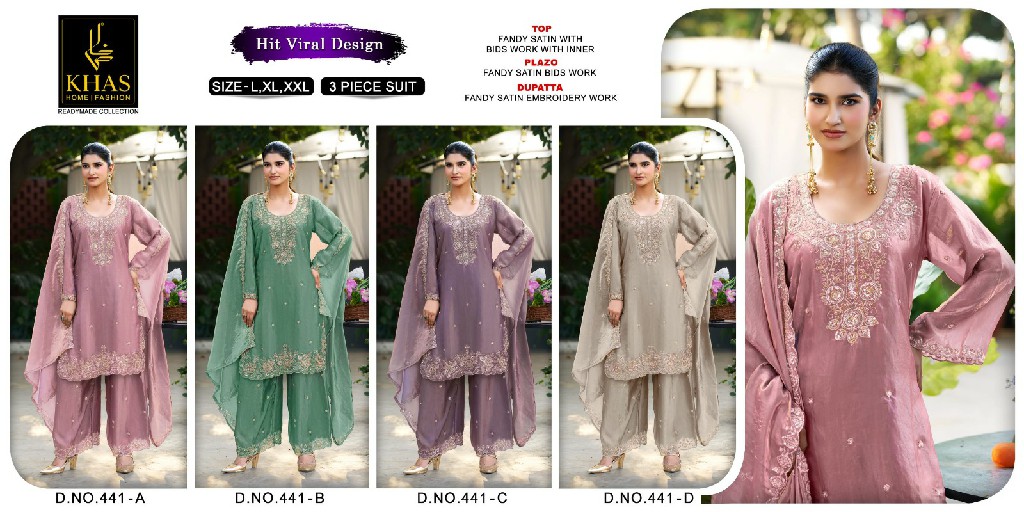 KHAS D.NO 441 WHOLESALE READYMADE FANDY SATIN BEATS WORK 3 PCS SUITS ONLINE