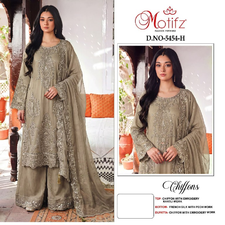 MOTIFZ D.NO 5454E TO 5454H WHOLESALE CHIFFON PAKISTANI ATTRACTIVE UNSTITCH SALWAR SUITS SUPPLIER