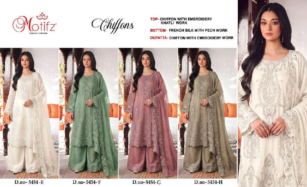MOTIFZ D.NO 5454E TO 5454H WHOLESALE CHIFFON PAKISTANI ATTRACTIVE UNSTITCH SALWAR SUITS SUPPLIER