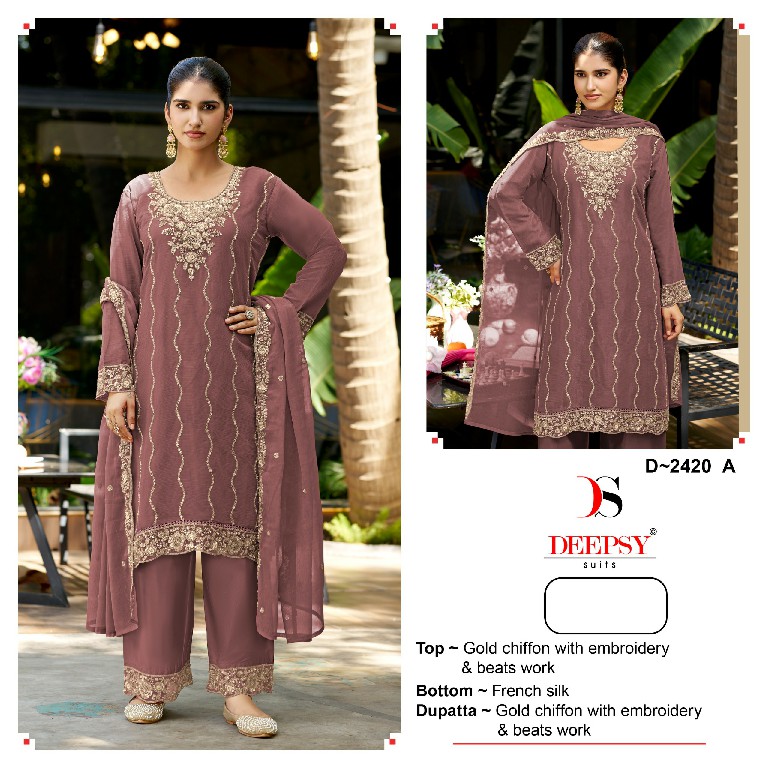 DEEPSY D.NO 2420 WHOLESALE GOLD CHIFFON ELEGANT LOOK UNSTITCH SALWAR SUITS FOR EXPORT