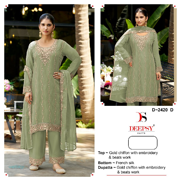 DEEPSY D.NO 2420 WHOLESALE GOLD CHIFFON ELEGANT LOOK UNSTITCH SALWAR SUITS FOR EXPORT