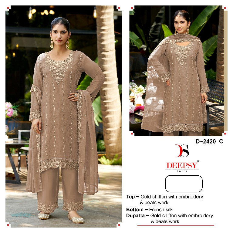 DEEPSY D.NO 2420 WHOLESALE GOLD CHIFFON ELEGANT LOOK UNSTITCH SALWAR SUITS FOR EXPORT