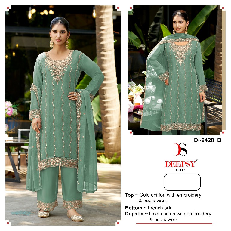 DEEPSY D.NO 2420 WHOLESALE GOLD CHIFFON ELEGANT LOOK UNSTITCH SALWAR SUITS FOR EXPORT