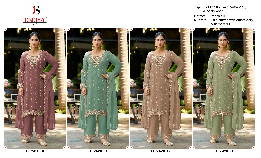 DEEPSY D.NO 2420 WHOLESALE GOLD CHIFFON ELEGANT LOOK UNSTITCH SALWAR SUITS FOR EXPORT