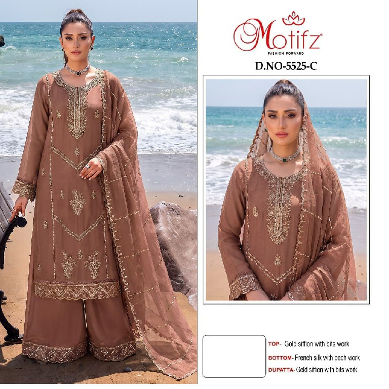 MOTIFZ D.NO 5525 WHOLESALE GOLD CHIFFON PAKISTANI PRETTY LOOK UNSTITCH SALWAR SUITS SUPPLIER
