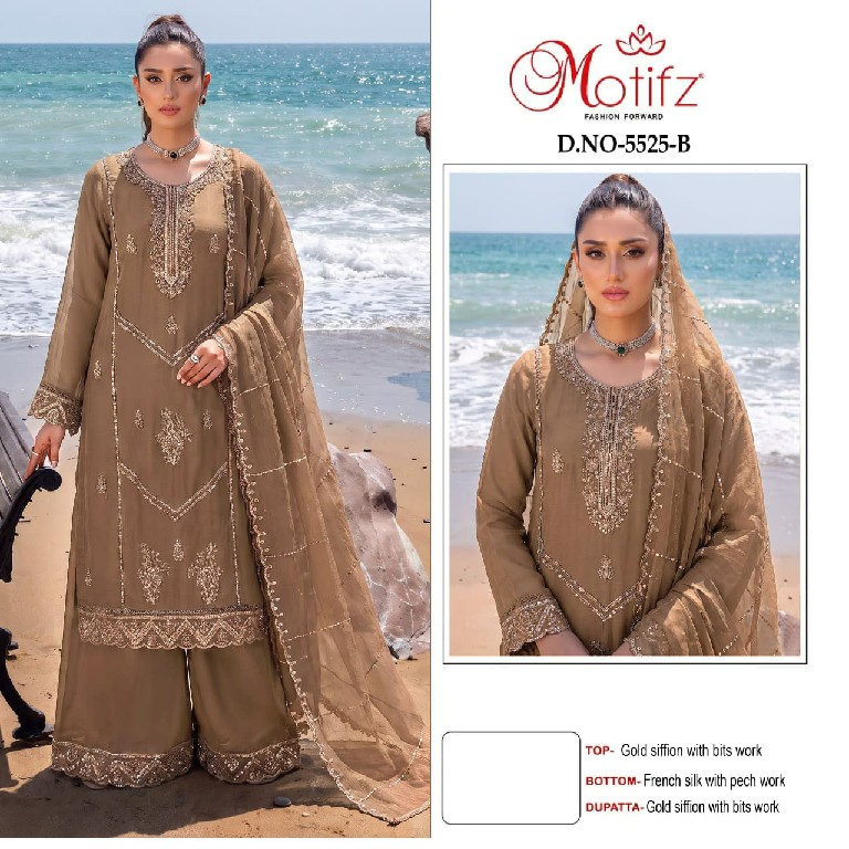 MOTIFZ D.NO 5525 WHOLESALE GOLD CHIFFON PAKISTANI PRETTY LOOK UNSTITCH SALWAR SUITS SUPPLIER
