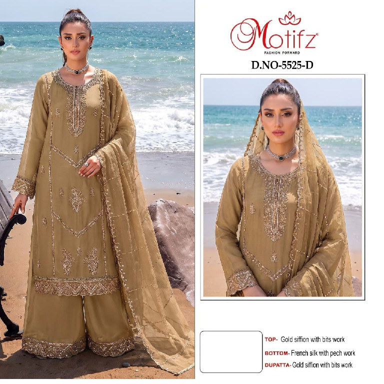 MOTIFZ D.NO 5525 WHOLESALE GOLD CHIFFON PAKISTANI PRETTY LOOK UNSTITCH SALWAR SUITS SUPPLIER