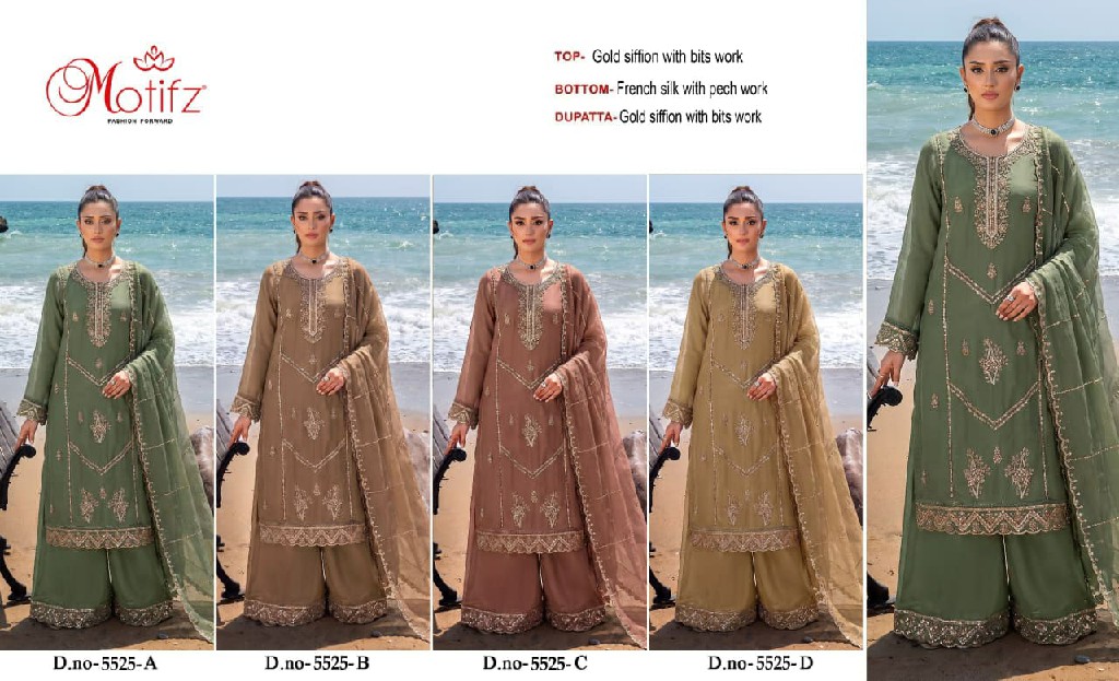 MOTIFZ D.NO 5525 WHOLESALE GOLD CHIFFON PAKISTANI PRETTY LOOK UNSTITCH SALWAR SUITS SUPPLIER