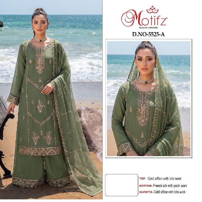 MOTIFZ D.NO 5525 WHOLESALE GOLD CHIFFON PAKISTANI PRETTY LOOK UNSTITCH SALWAR SUITS SUPPLIER