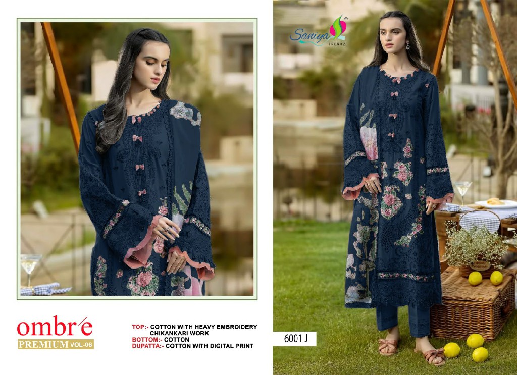 SANIYA TRENDZ OMBRE PREMIUM VOL  D.NO 6001J TO 6001M WHOLESALE COTTON CHIKANKARI EMBROIDERED UNSTITCH SALWAR SUITS SUPPLIER