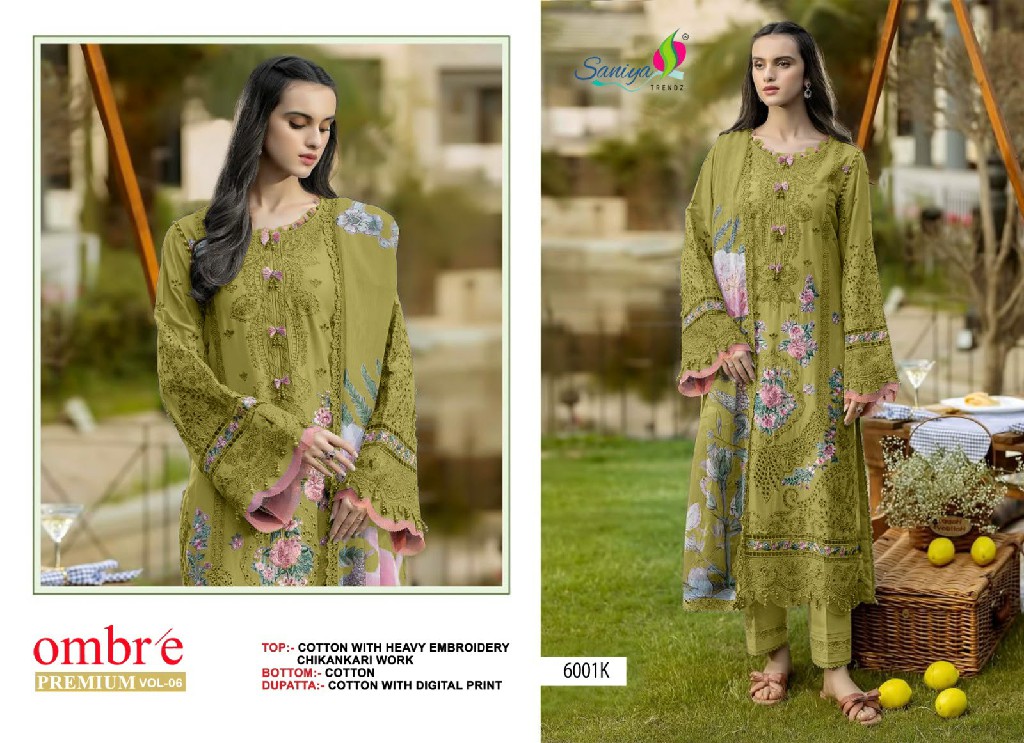 SANIYA TRENDZ OMBRE PREMIUM VOL  D.NO 6001J TO 6001M WHOLESALE COTTON CHIKANKARI EMBROIDERED UNSTITCH SALWAR SUITS SUPPLIER