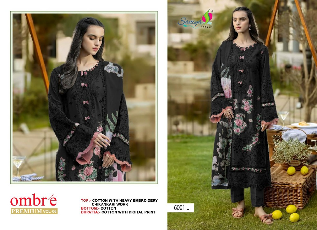 SANIYA TRENDZ OMBRE PREMIUM VOL  D.NO 6001J TO 6001M WHOLESALE COTTON CHIKANKARI EMBROIDERED UNSTITCH SALWAR SUITS SUPPLIER