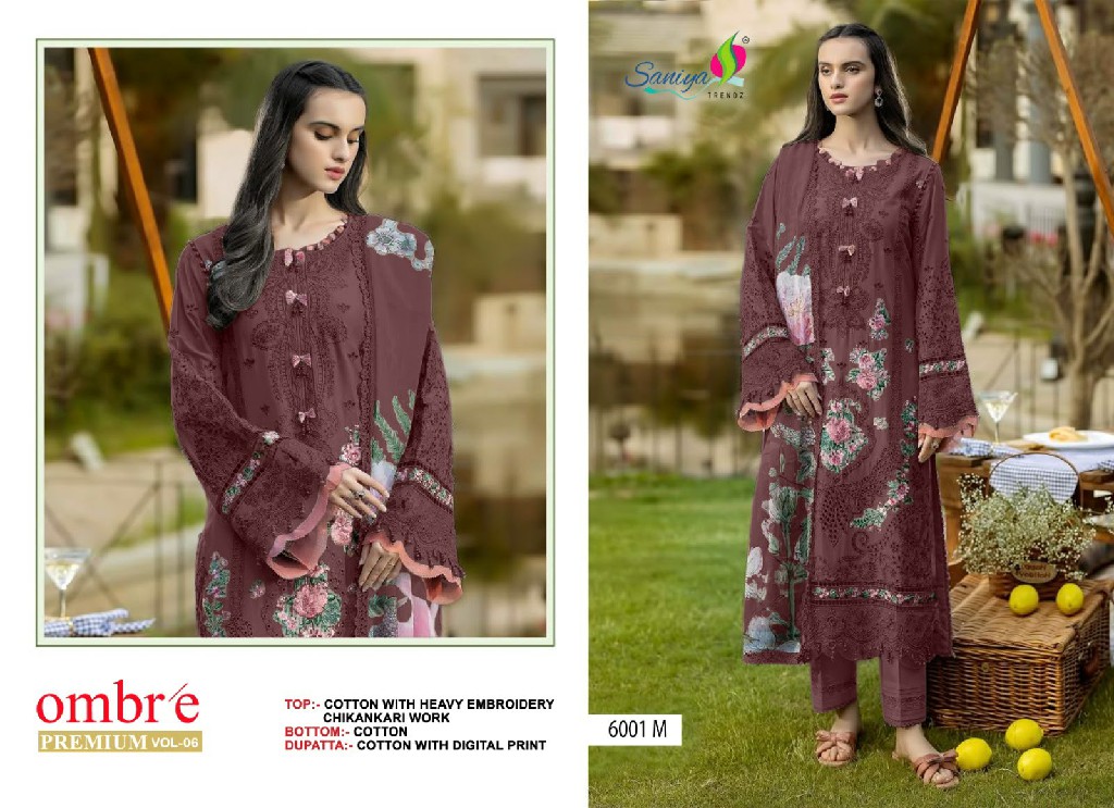 SANIYA TRENDZ OMBRE PREMIUM VOL  D.NO 6001J TO 6001M WHOLESALE COTTON CHIKANKARI EMBROIDERED UNSTITCH SALWAR SUITS SUPPLIER