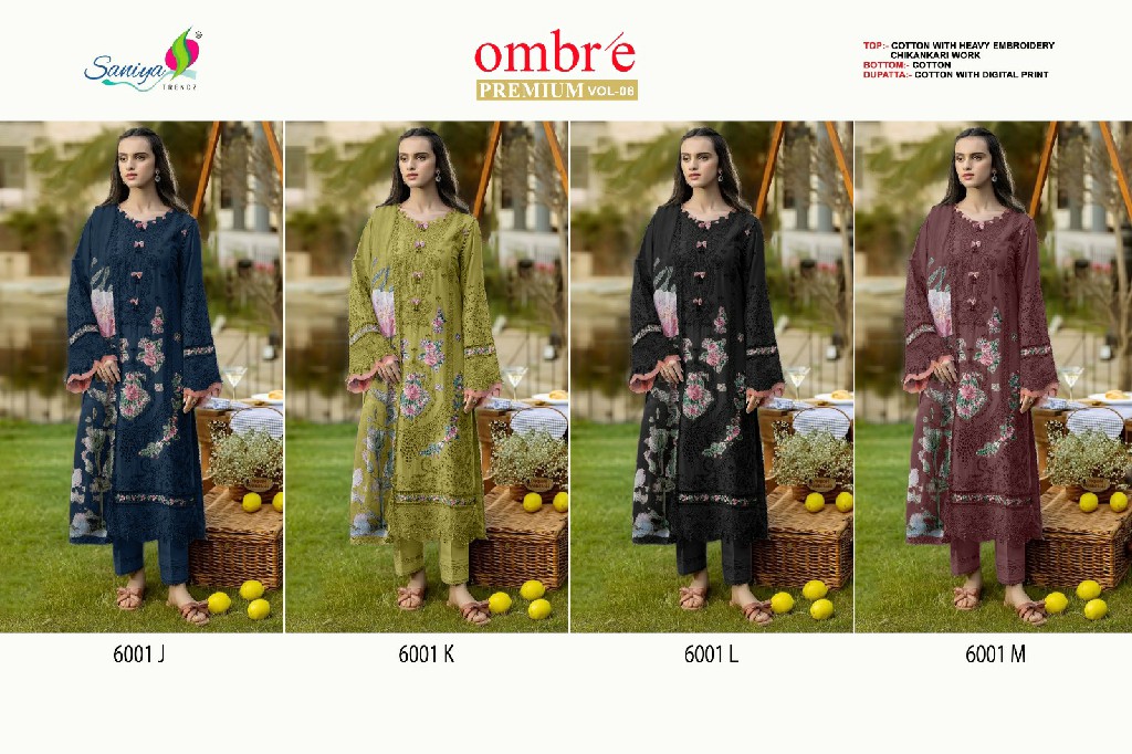 SANIYA TRENDZ OMBRE PREMIUM VOL  D.NO 6001J TO 6001M WHOLESALE COTTON CHIKANKARI EMBROIDERED UNSTITCH SALWAR SUITS SUPPLIER