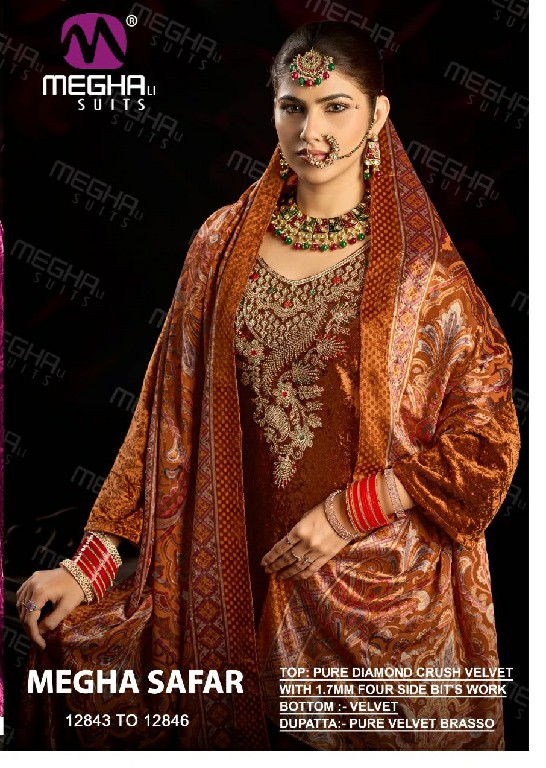 MEGHALI SAFAR WHOLESALE DIAMOND CRUSH VELVET WINTER WEAR UNSTITCH SALWAR SUITS EXPORTER