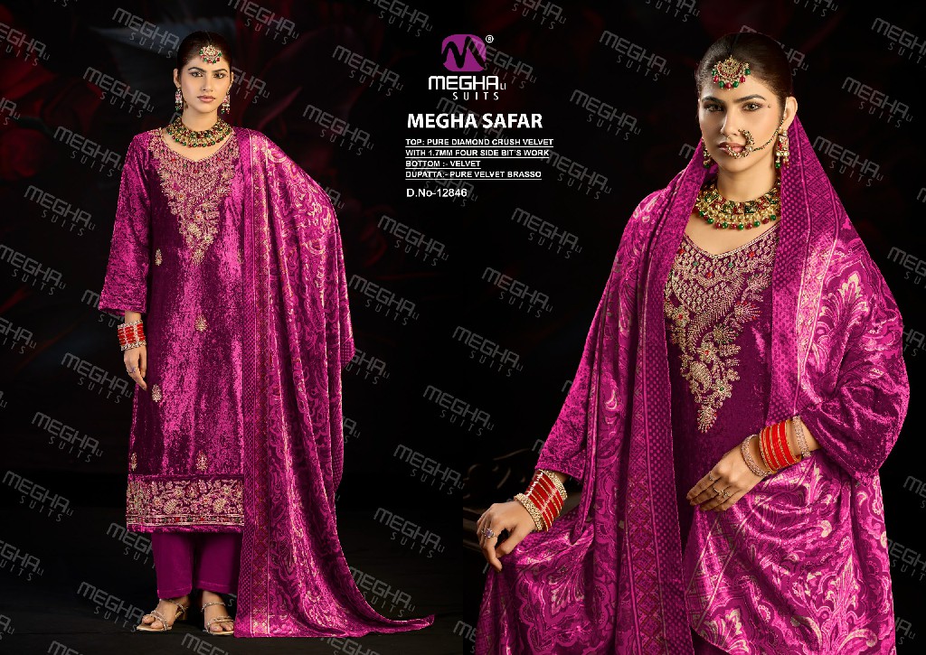 MEGHALI SAFAR WHOLESALE DIAMOND CRUSH VELVET WINTER WEAR UNSTITCH SALWAR SUITS EXPORTER