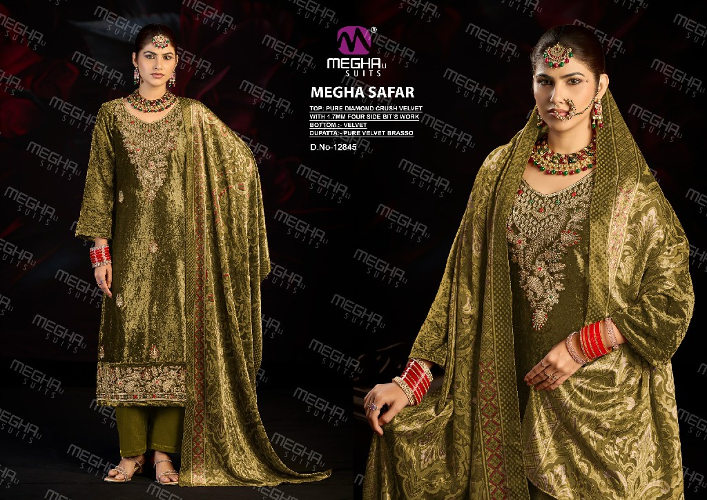 MEGHALI SAFAR WHOLESALE DIAMOND CRUSH VELVET WINTER WEAR UNSTITCH SALWAR SUITS EXPORTER